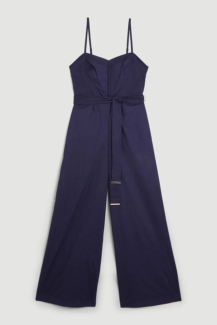 Cotton Top Stitch Pleated Jumpsuit | Karen Millen Cotton Top Stitch Pleated Jumpsuit | Karen Millen