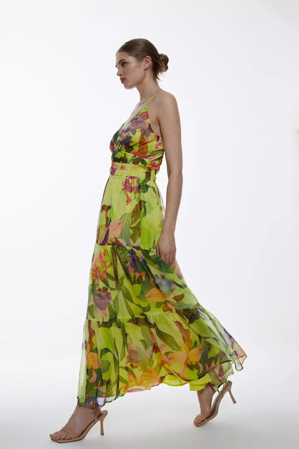 Tropical Orchid Strappy Shirred Woven Maxi Dress Karen Millen