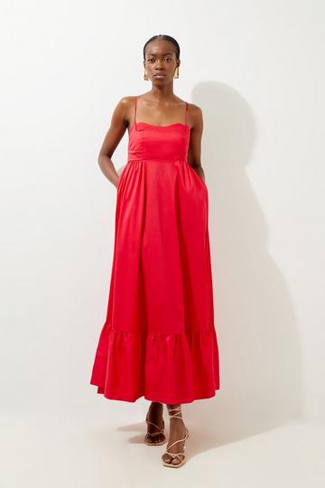 Cotton Topstitch Strappy Maxi Dress raspberry