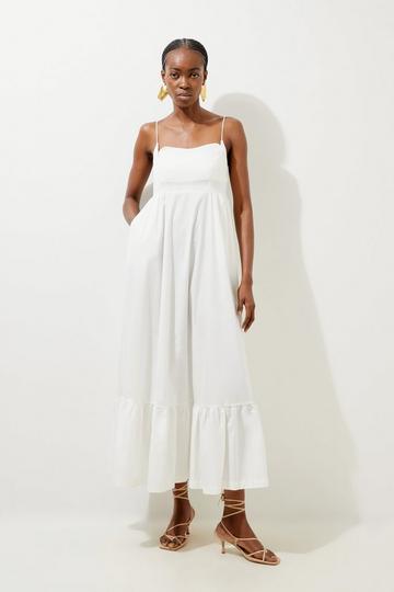 Cotton Topstitch Strappy Maxi Dress white