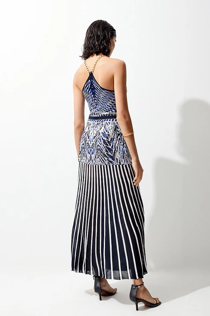 Slinky Knit Mirrored Jacquard Geo Chain Strap Maxi Dress Slinky Knit Mirrored Jacquard Geo Chain Strap Maxi Dress