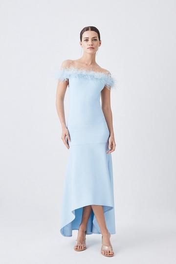 Petite Feather Detail Bandage Bardot Midaxi Dress pale blue