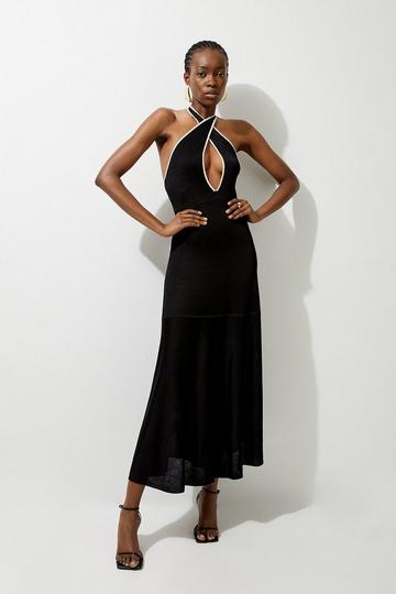 Black Slinky Knit Jacquard Geo Maxi Column Dress