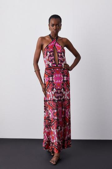 Slinky Knit Contrast Piping Halter Neck Maxi Dress dark pink