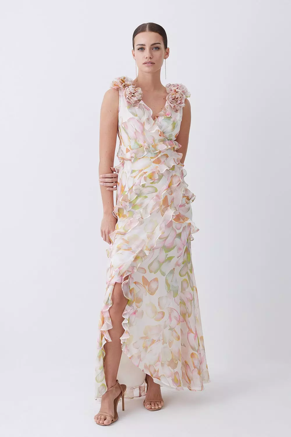 Petite Floral Chiffon Corsage Ruffle Slip Maxi Dress | Karen Millen