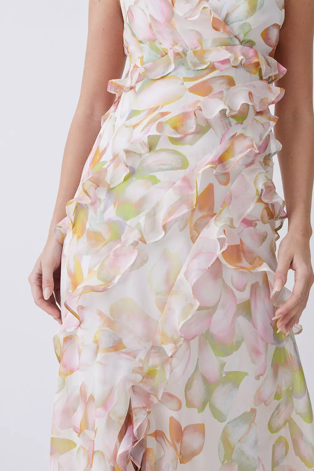 Petite Floral Chiffon Corsage Ruffle Slip Maxi Dress | Karen Millen