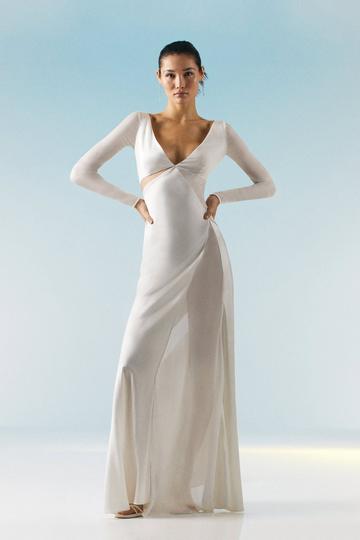 OOTO Sheer Panelled Long Sleeve Woven Maxi Dress ivory