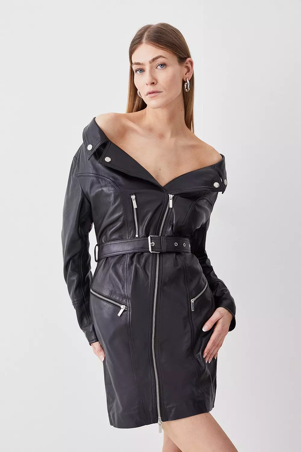 Black Leather Off The Shoulder Sleeved Biker Mini Dress alternative image