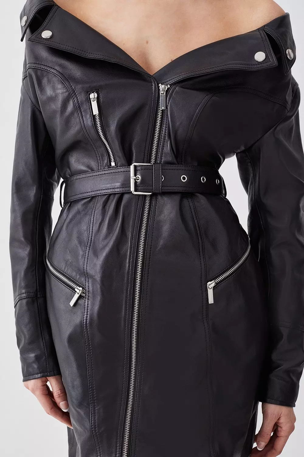 Black Leather Off The Shoulder Sleeved Biker Mini Dress alternative image