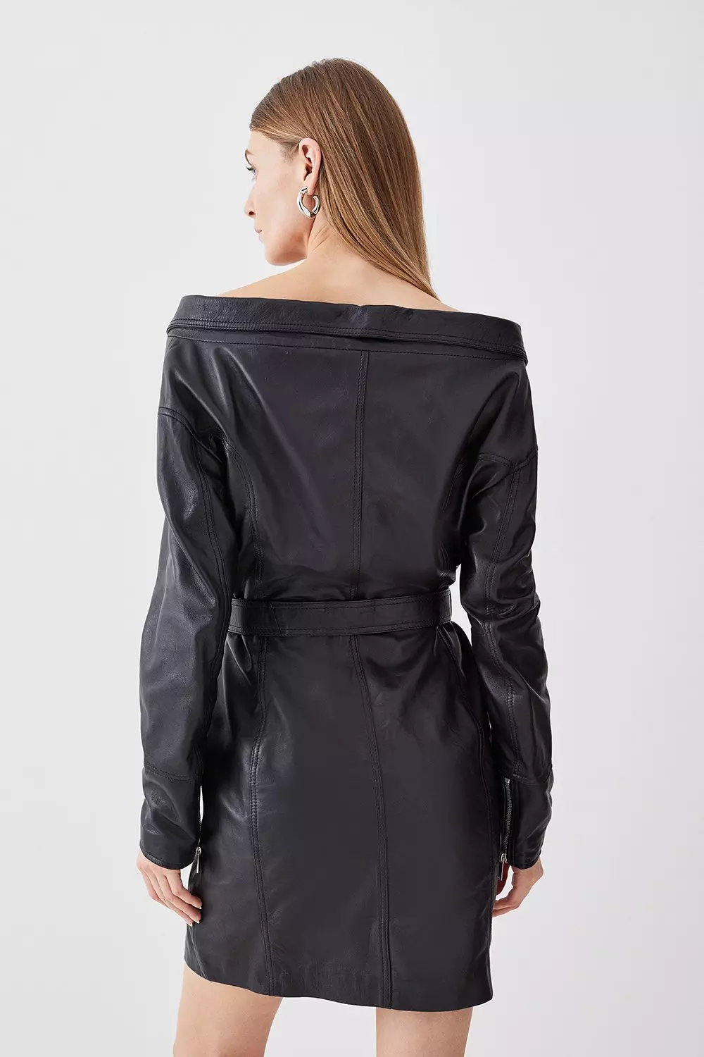 Black Leather Off The Shoulder Sleeved Biker Mini Dress alternative image