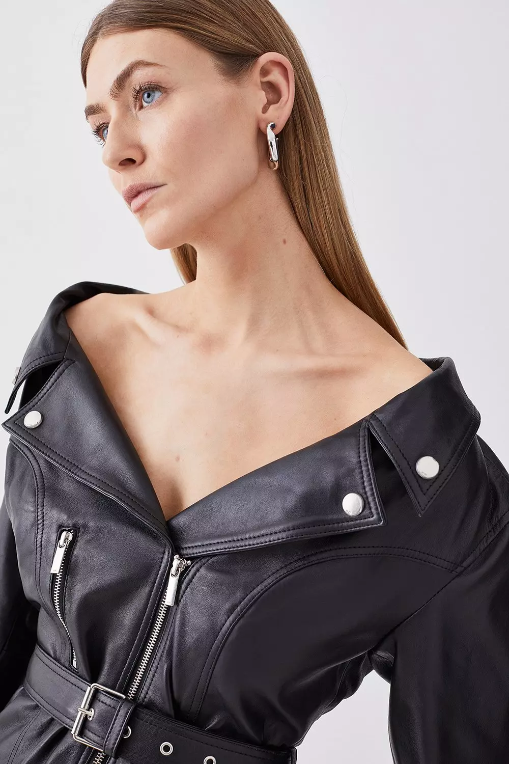 Black Leather Off The Shoulder Sleeved Biker Mini Dress alternative image