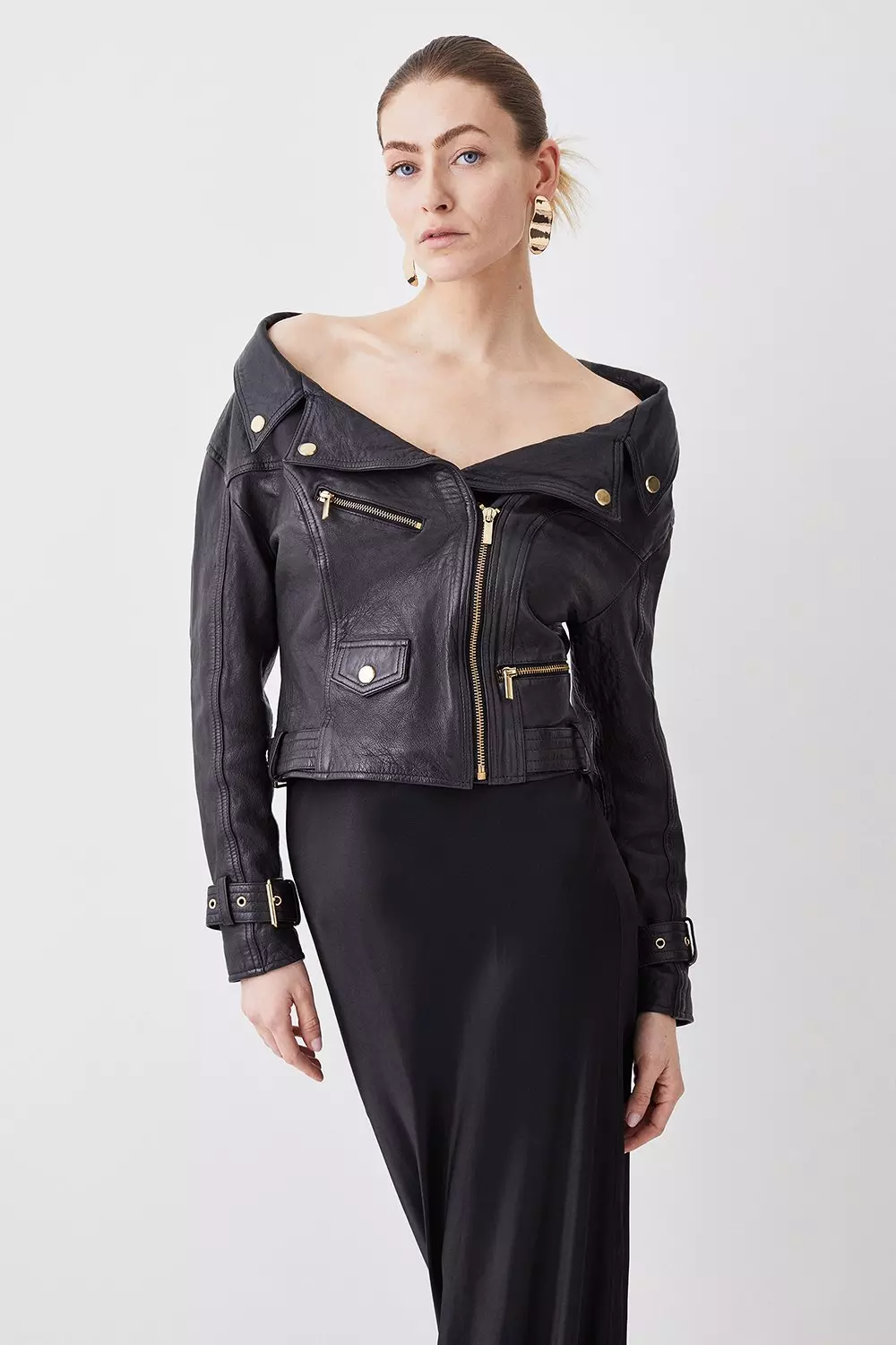 Black off the shoulder leather jacket hotsell