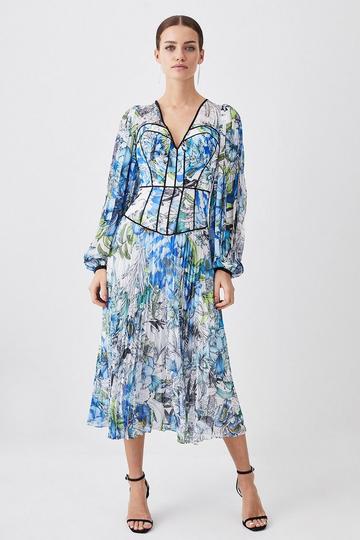 Blue Petite Corset Detail Floral Pleated Woven Maxi Dress