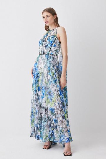 Blue Tall Corset Detail Floral Pleated Halter Woven Maxi Dress