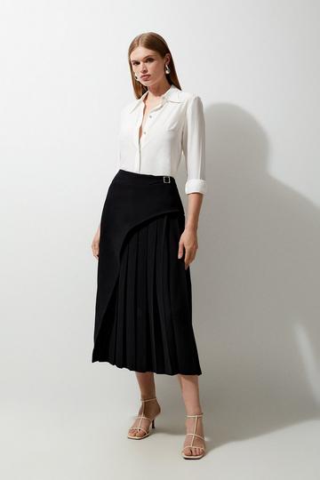 Tailored Buckle Detail Pleated Midi Skirt black
