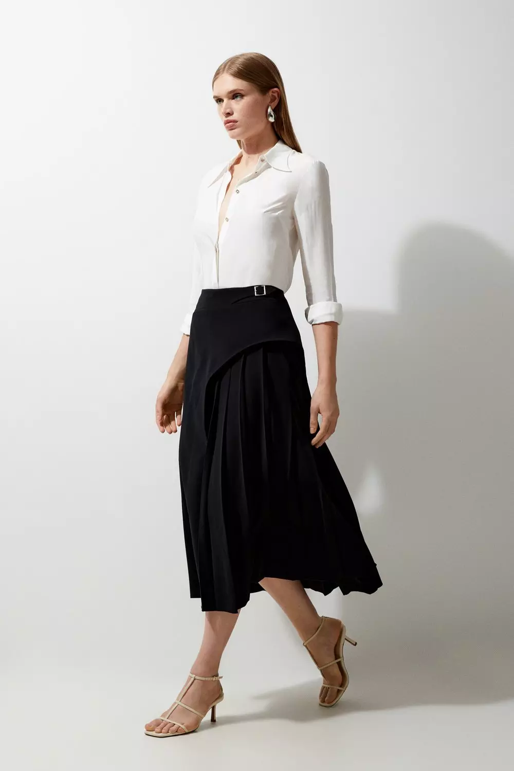 Tailored Buckle Detail Pleated Midi Skirt | Karen Millen