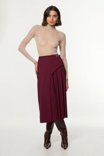 Tailored Buckle Detail Pleated Midi Skirt merlot