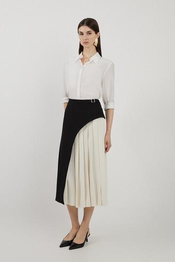 Tailored Buckle Detail Pleated Midi Skirt mono