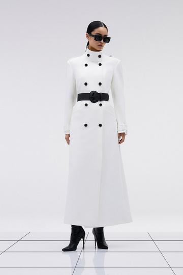 Compact Stretch Belted Double Breasted Maxi Coat ivory