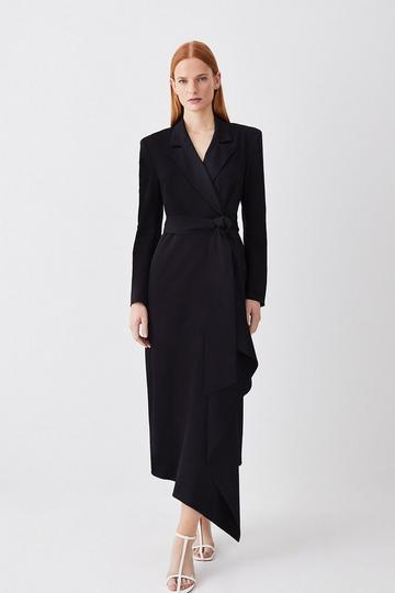 Drape Belted Long Sleeve Soft Tailored Midi Dress black
