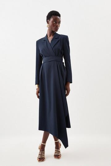 Navy Drape Belted Long Sleeve Soft Tailored Midi Dress