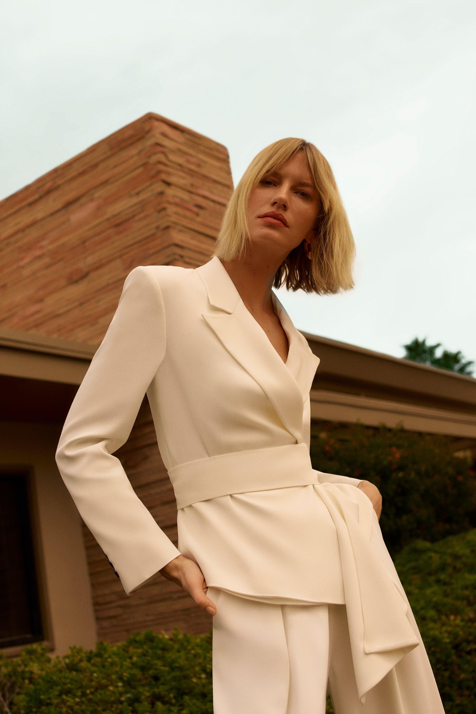 Ivory Drape Detail Belted Soft Blazer 