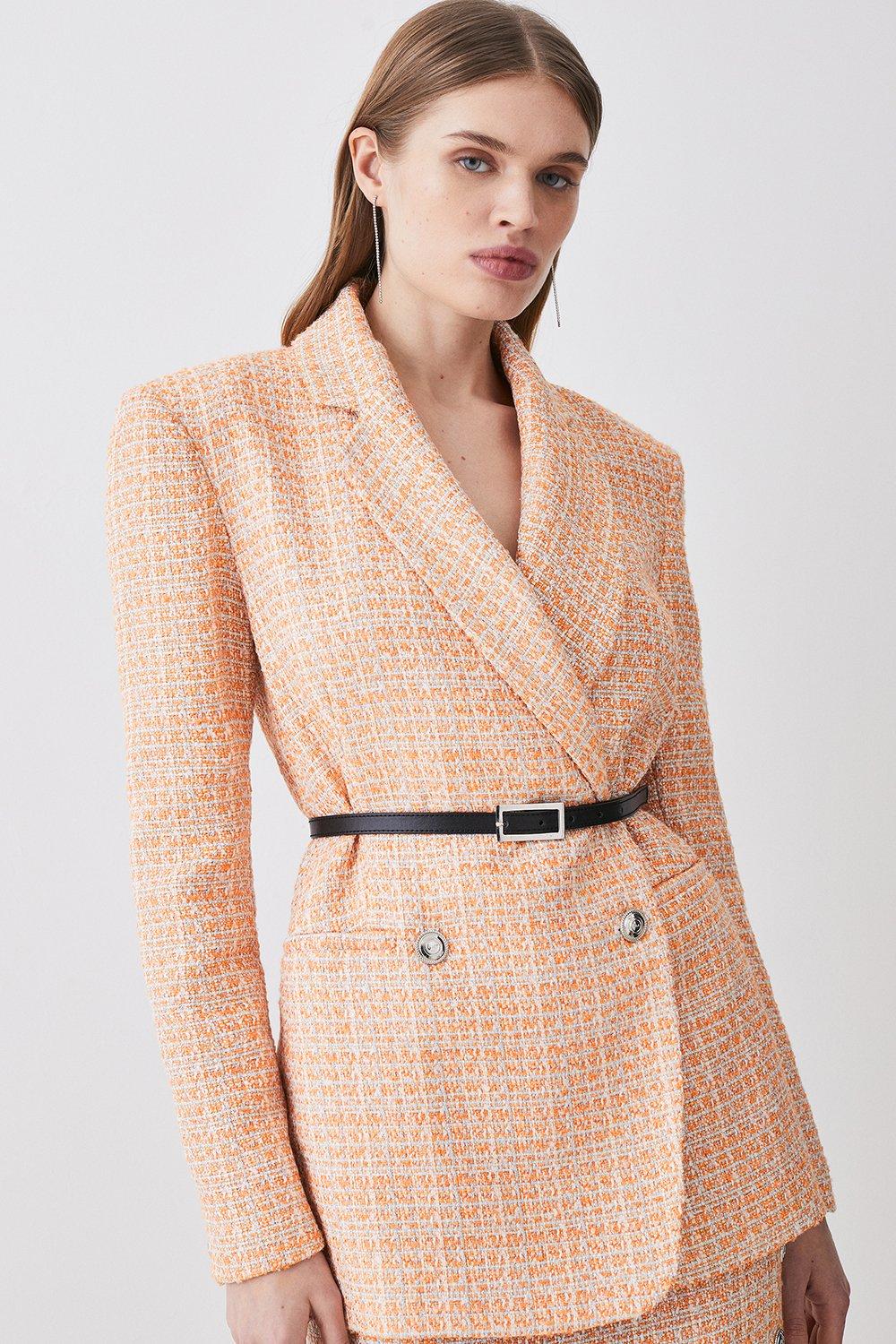 Orange Tweed Oversized Belted Double Breasted Blazer