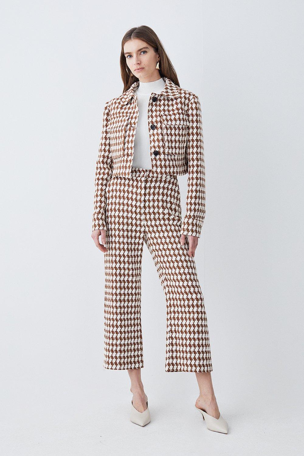 Brown Check Tweed High Waist Cropped Wide Leg Pants