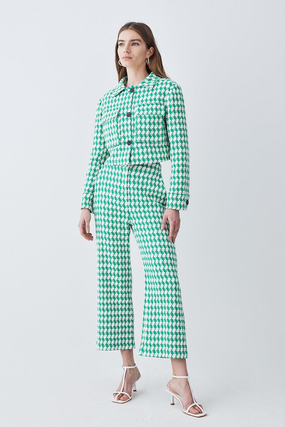 Green Check Tweed High Waist Cropped Wide Leg Trousers 