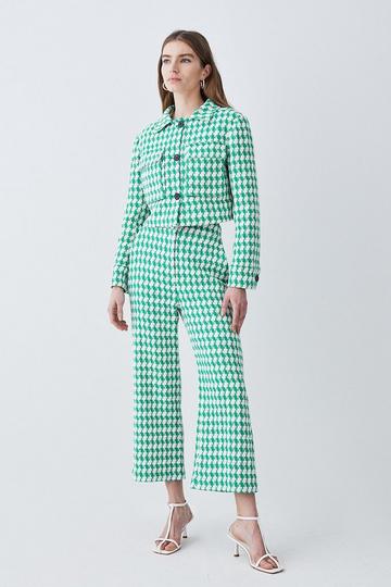 Green Check Tweed High Waist Cropped Wide Leg Trousers