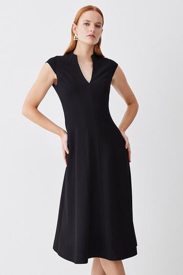 Black Tall Structured Crepe Seam Detail Full Skirt Midi Dress