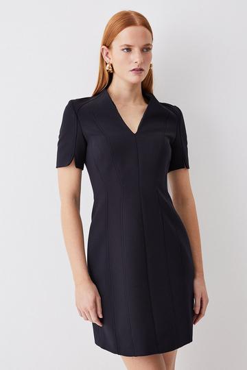 Black Italian Compact Scuba Jersey Seamed A Line Mini Dress