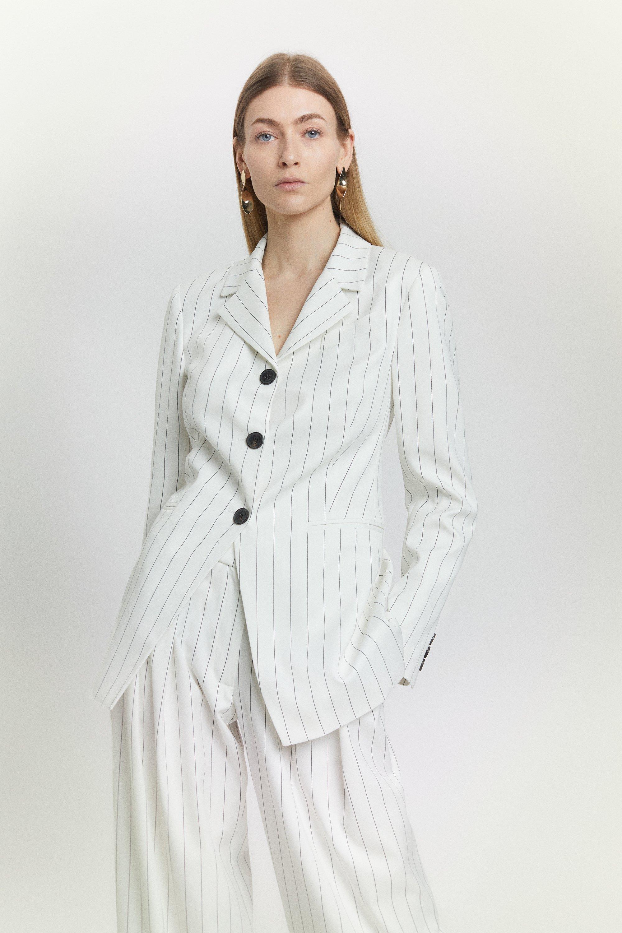 White Pinstripe Tailored Single Breasted Blazer 