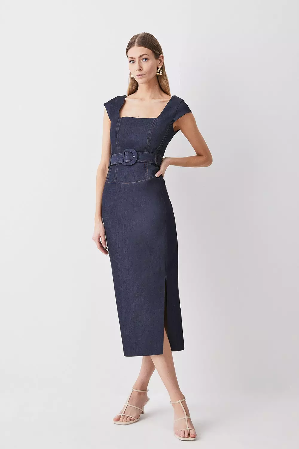 Denim Belted Split Detail Pencil Midi Dress | Karen Millen