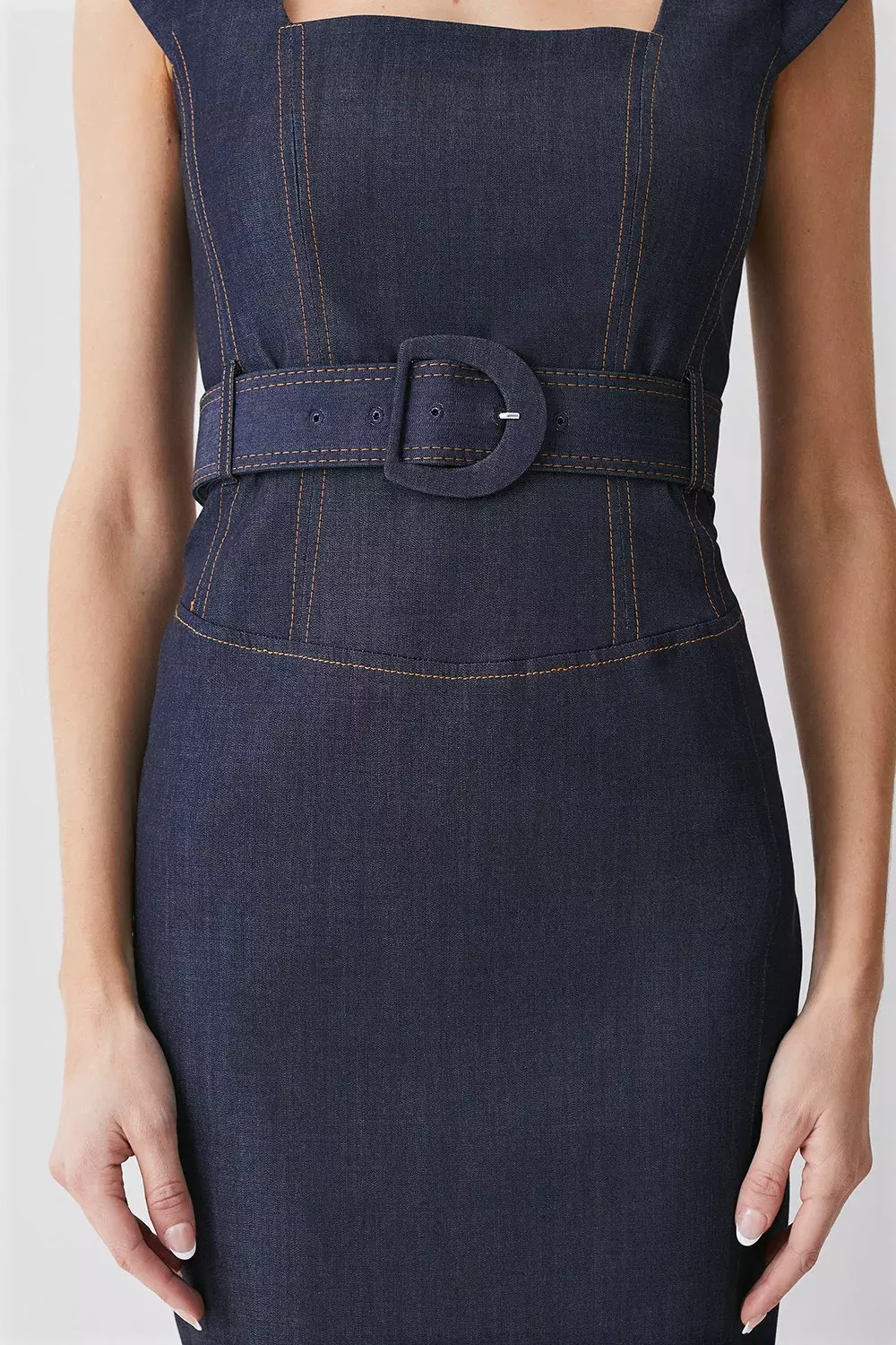 Denim Belted Split Detail Pencil Midi Dress | Karen Millen