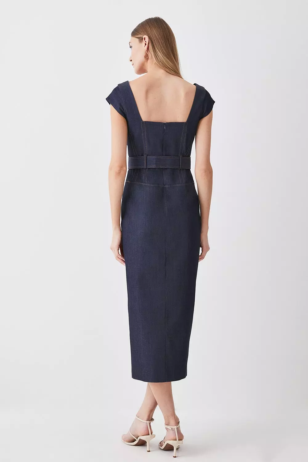 KAREN MILLEN ストライプデニムベルト ディテールバンドゥミディ Denim Belted Split Detail Pencil Midi Dress | Karen Millen