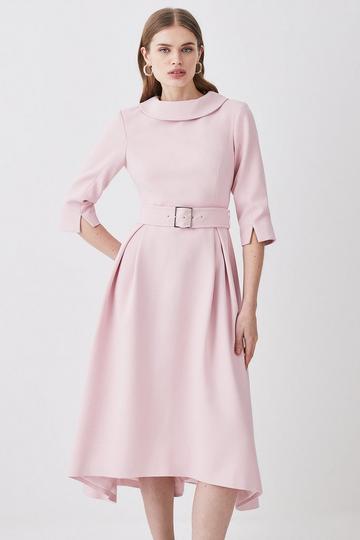 Blush Pink Structured Crepe Turtleneck Dip Hem Midi Dress