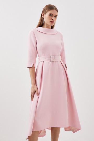 Structured Crepe Roll Neck Dip Hem Midi Dress pale pink