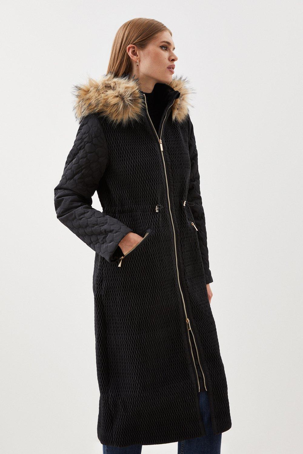 Signature Quilt Faux Fur Hood Longline Coat | Karen Millen