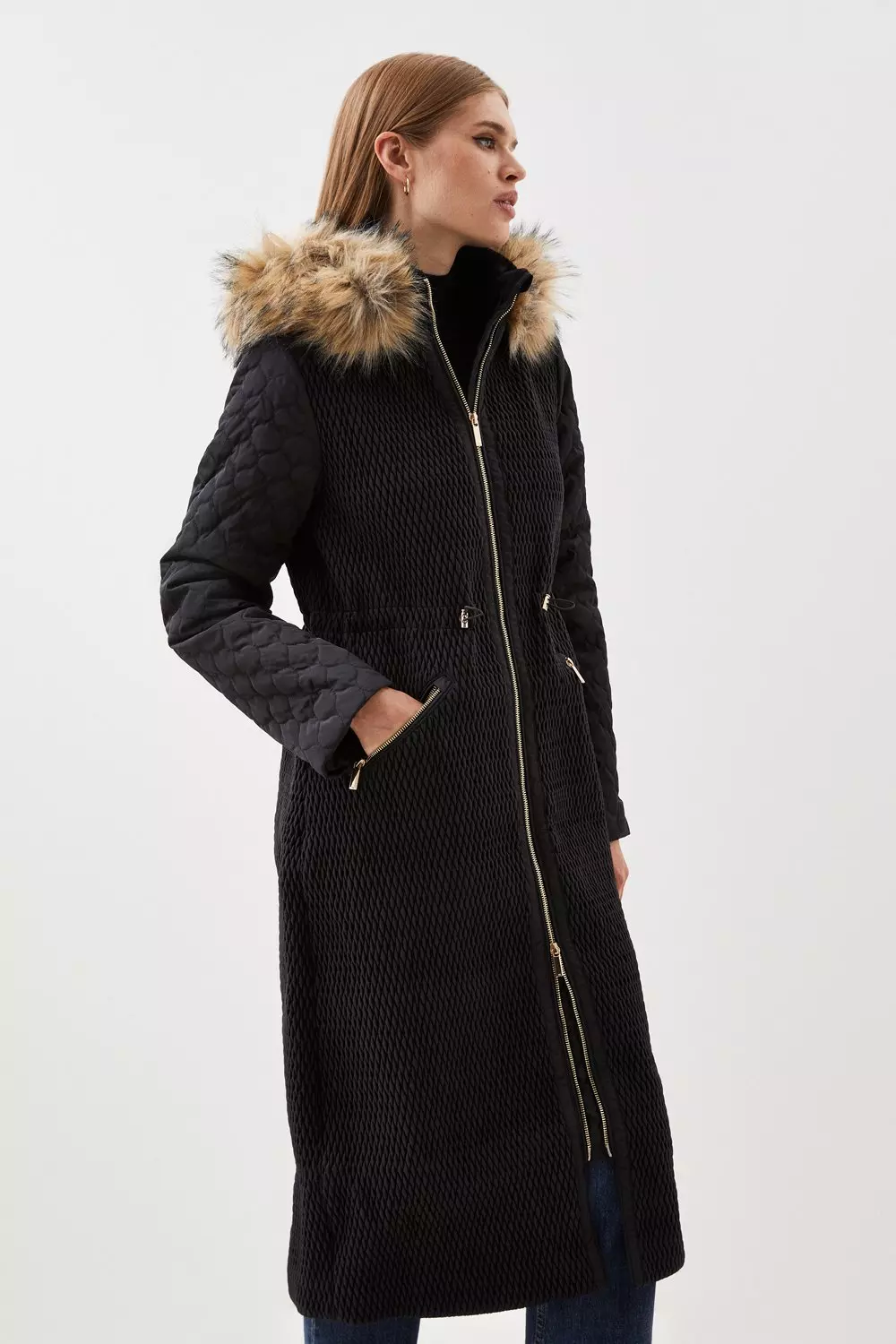 Longline coat with fur hood on sale