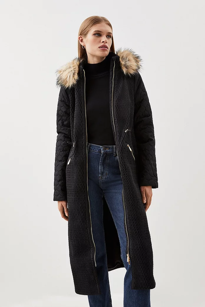 Signature Quilt Faux Fur Hood Longline Coat | Karen Millen Signature Quilt Faux Fur Hood Longline Coat | Karen Millen