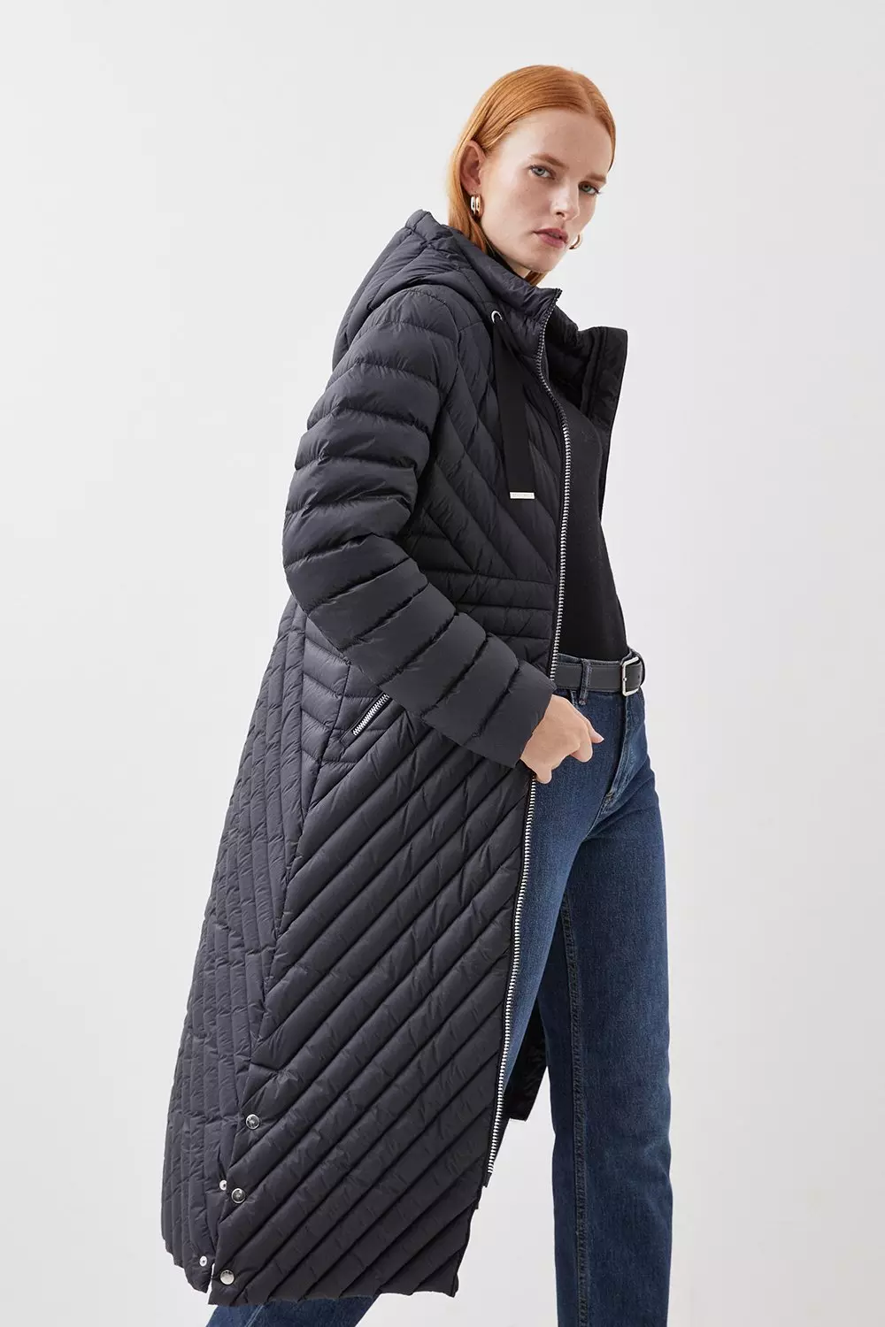 Black knee length padded coat hotsell