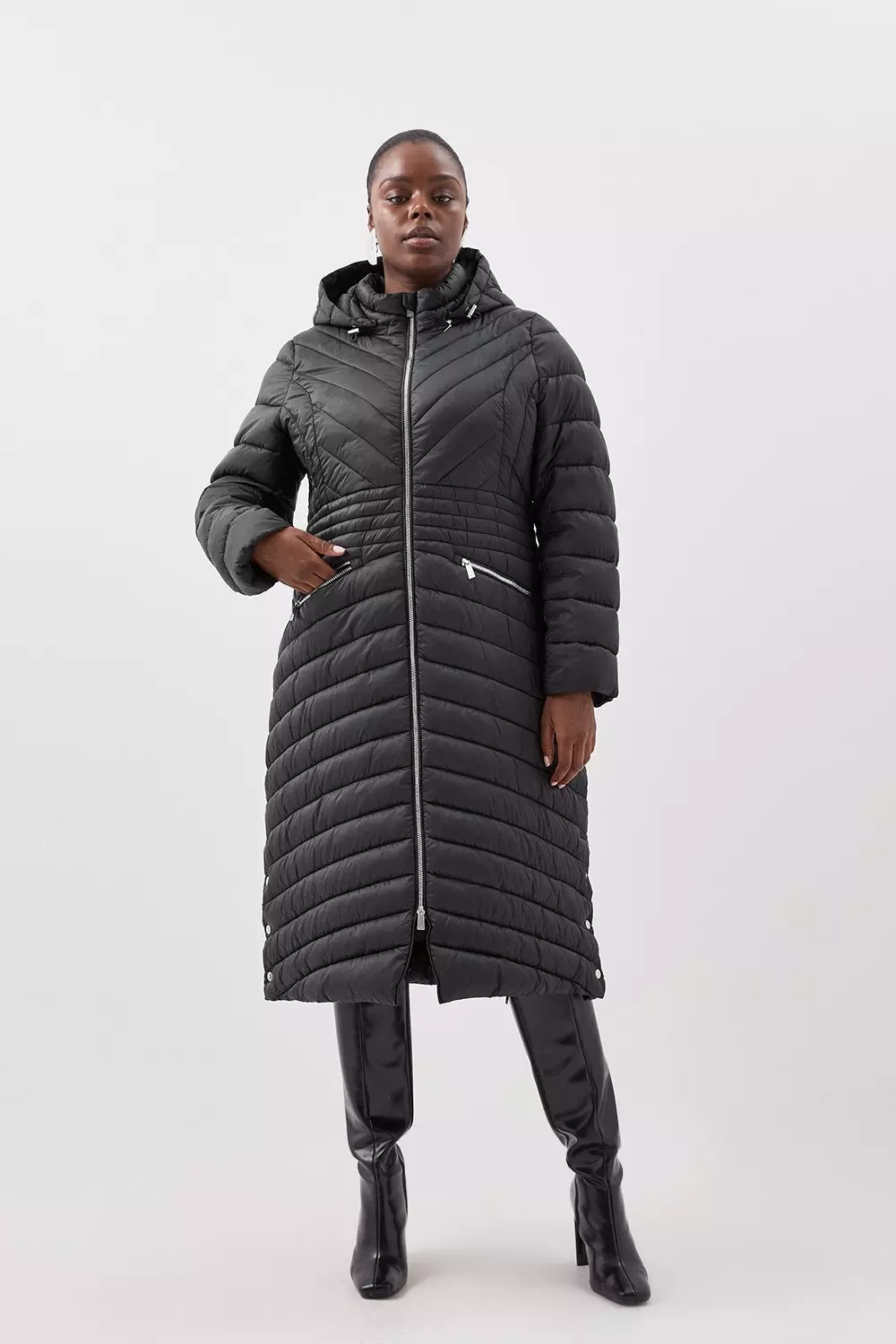 Black padded longline packable coat online