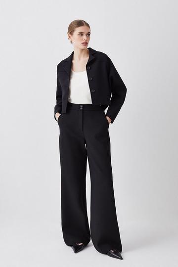 Black Compact Stretch Low Waist Turn Up Pants