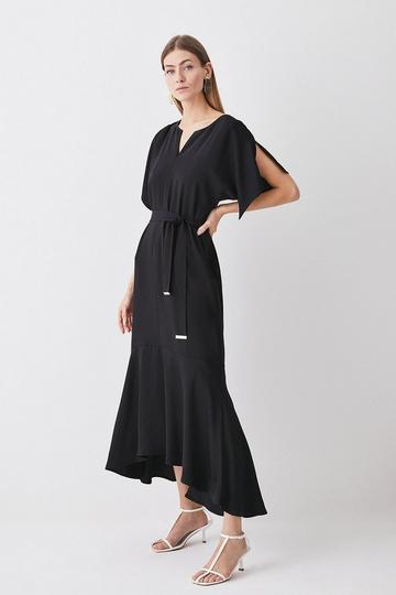 Soft Tailored Tie Belt Relaxed Sleeve High Low Midi Dress