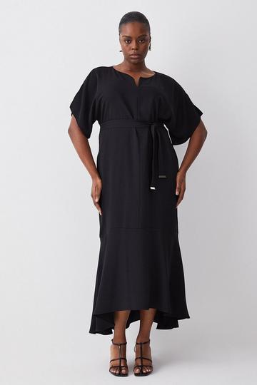 Plus Size Soft Tailored Tie Belt Relaxed Sleeve Midi Dress black