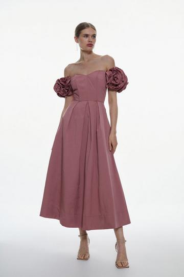 Pink Taffeta Rosette Corseted Woven Midi Dress