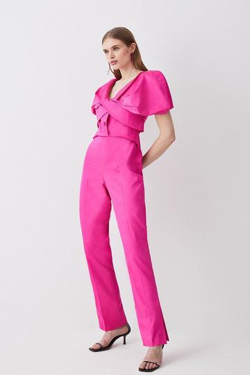 Pink Italian Wool Blend Satin Couture Draped Jumpsuit