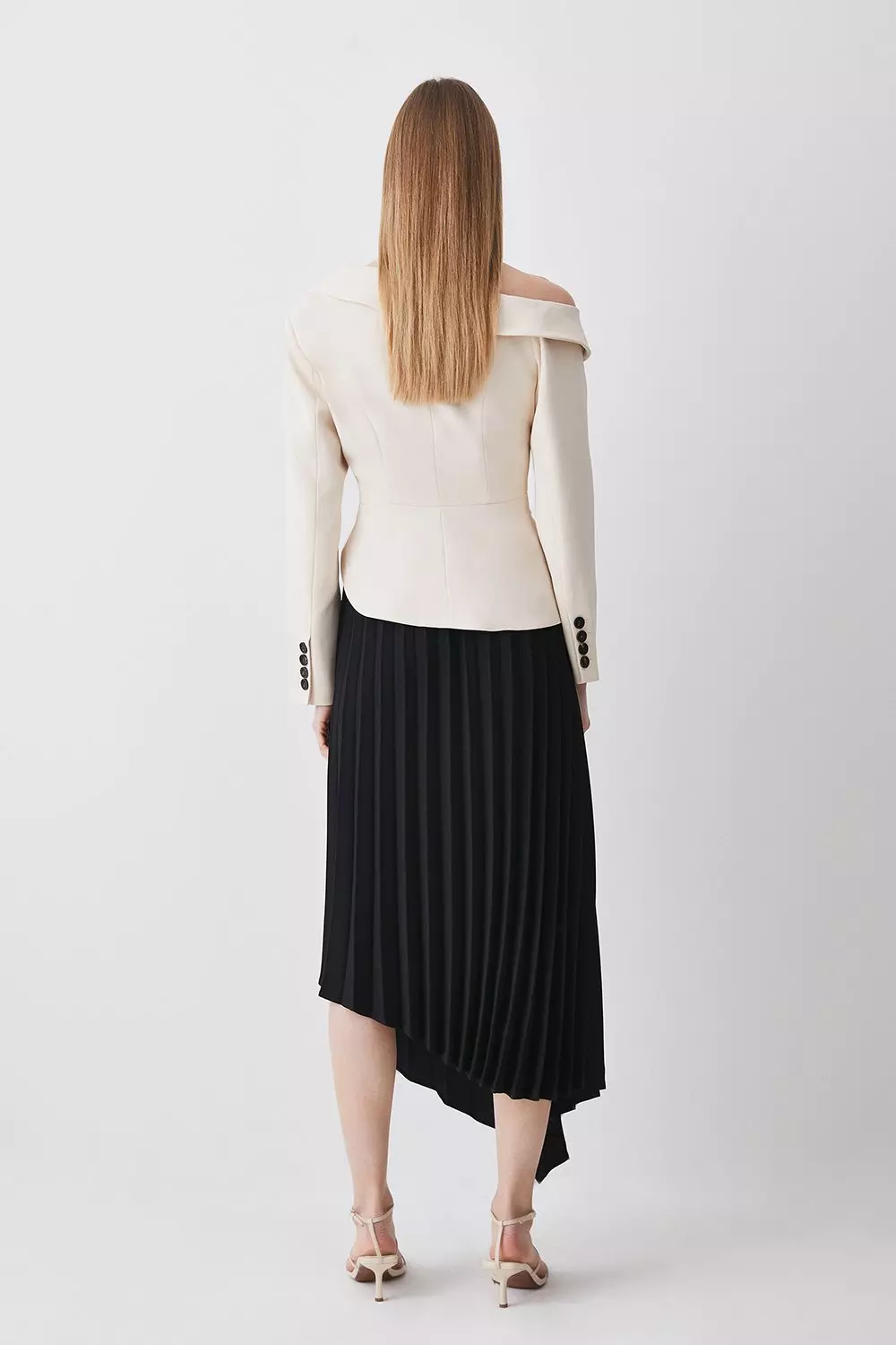 KAREN MILLEN ミディワンピース 無地 ネクタイ フレア ボタン Tailored Crepe Asymmetric Pleated Midi Dress | Karen Millen