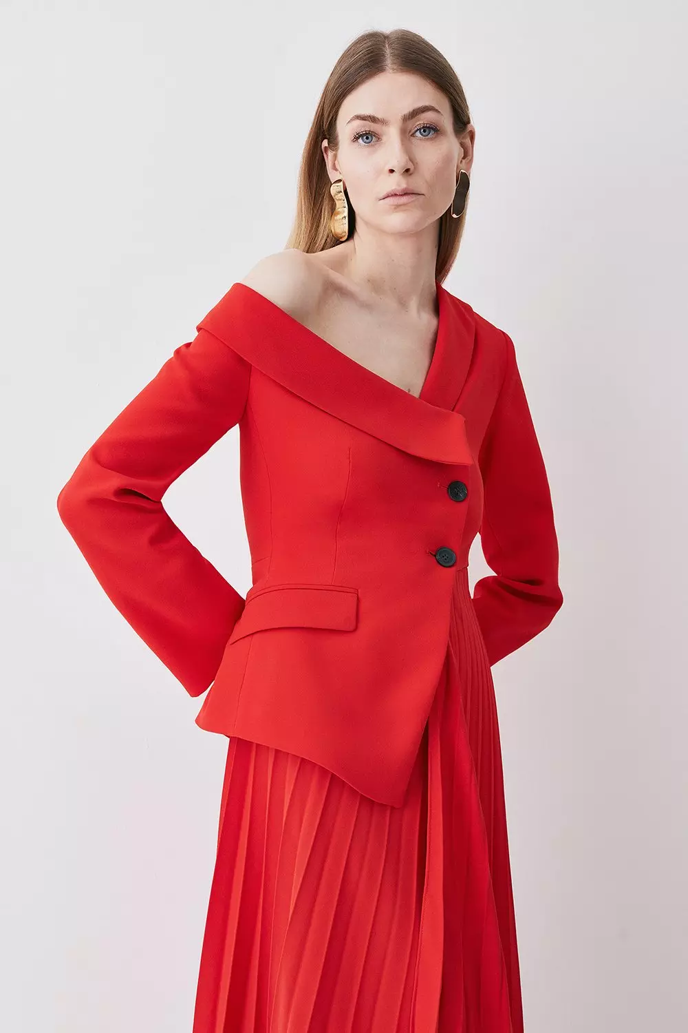 Tailored Crepe Asymmetric Pleated Midi Dress Karen Millen